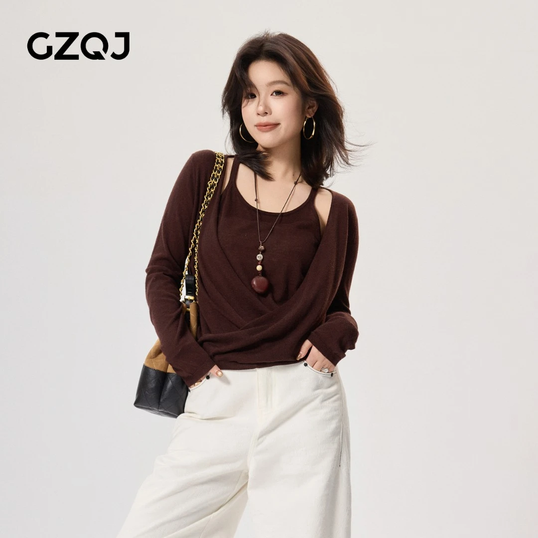 广州琴姐【柔光织语】设计感吊带假两件圆领长袖针织衫女秋款98259