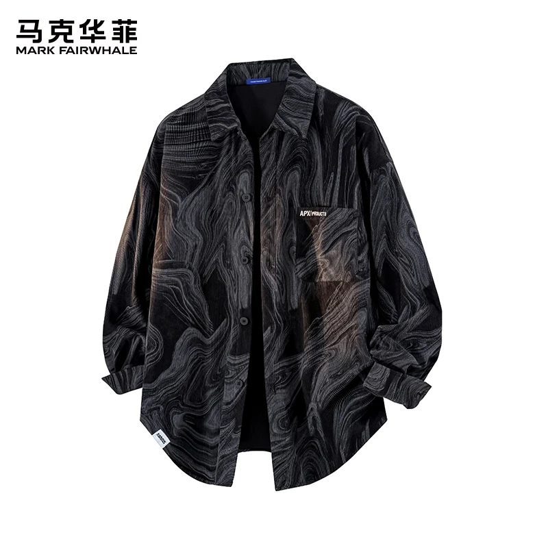 马克华菲美式灯芯绒扎染长袖衬衫男士秋季新款宽松百搭休闲上衣服