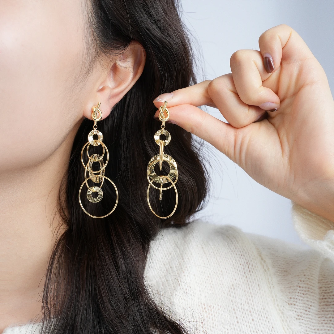 因缺斯汀饰品 铜合金耳饰 【错落摩登】小众金属圆环耳环女几何耳夹