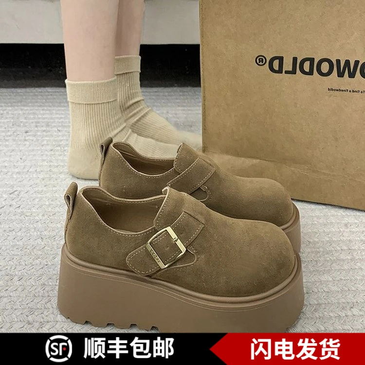 小个子厚底增高勃肯鞋女2025新款一脚蹬女鞋春秋磨砂复古乐福鞋
