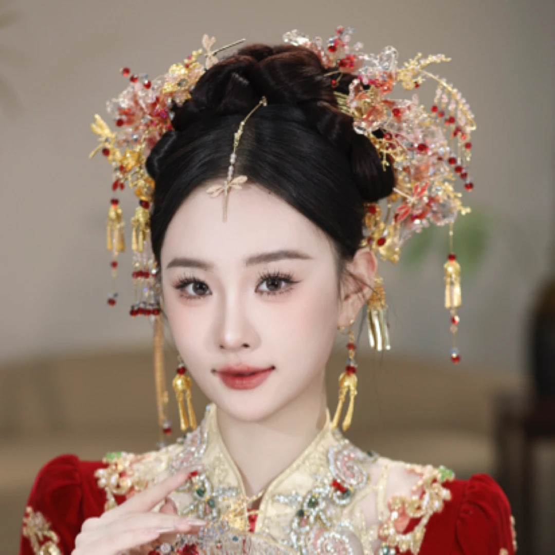 z8176中式凝胶花水晶流苏手工发钗汉服头饰复古传统秀禾新娘发饰