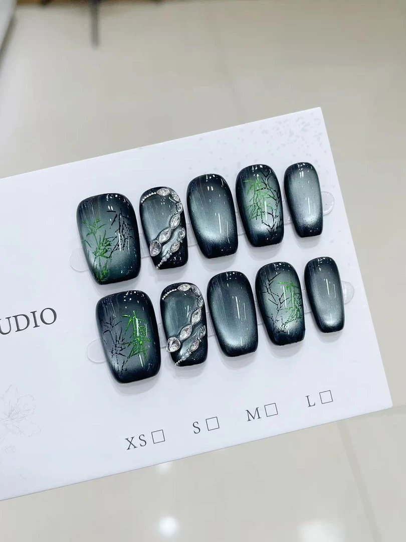 【竹影】暗黑玻璃珠猫眼拼钻蛇纯手工穿戴甲高级气质国风