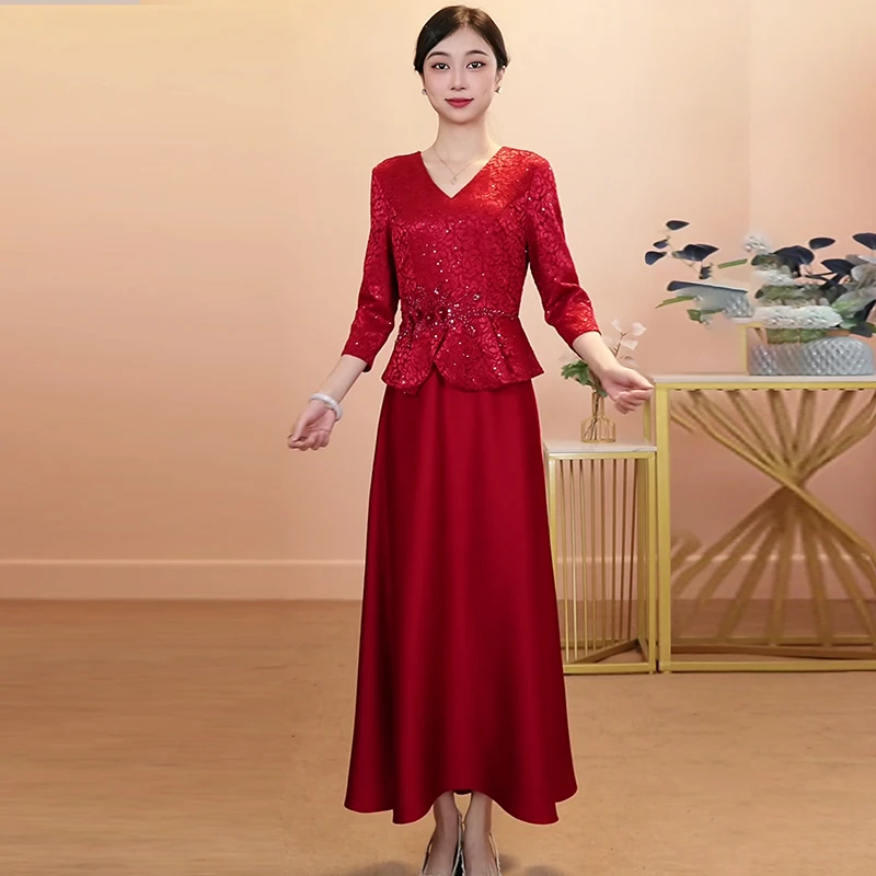 酒红色高端新款喜婆婆喜妈妈婚宴装婚礼妈妈装高档丈母娘婚宴礼服