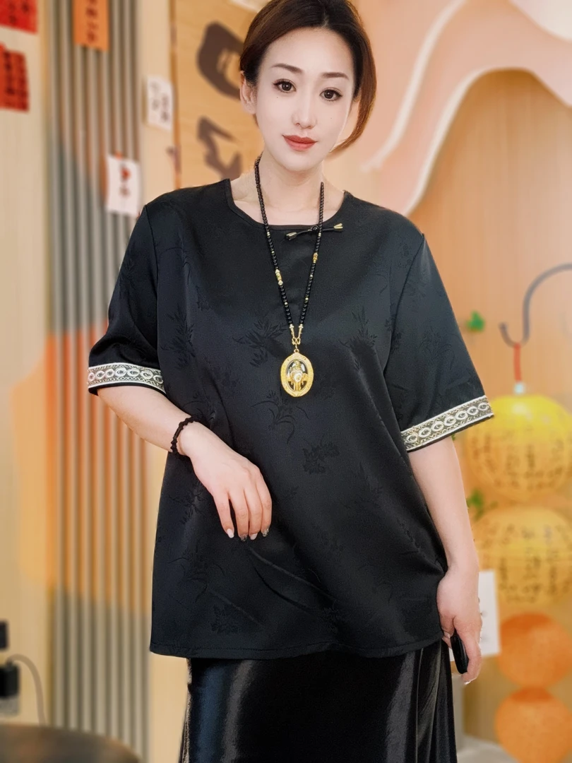 【D乐】新中式国风缎面提花半袖圆领上衣女装洋气减龄衬衣