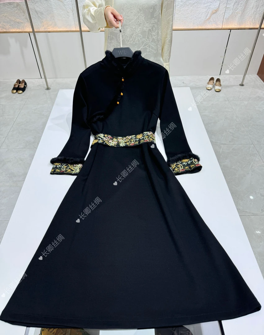 【倾云】中式国风设计师高端气质黑色连衣裙 QH1623