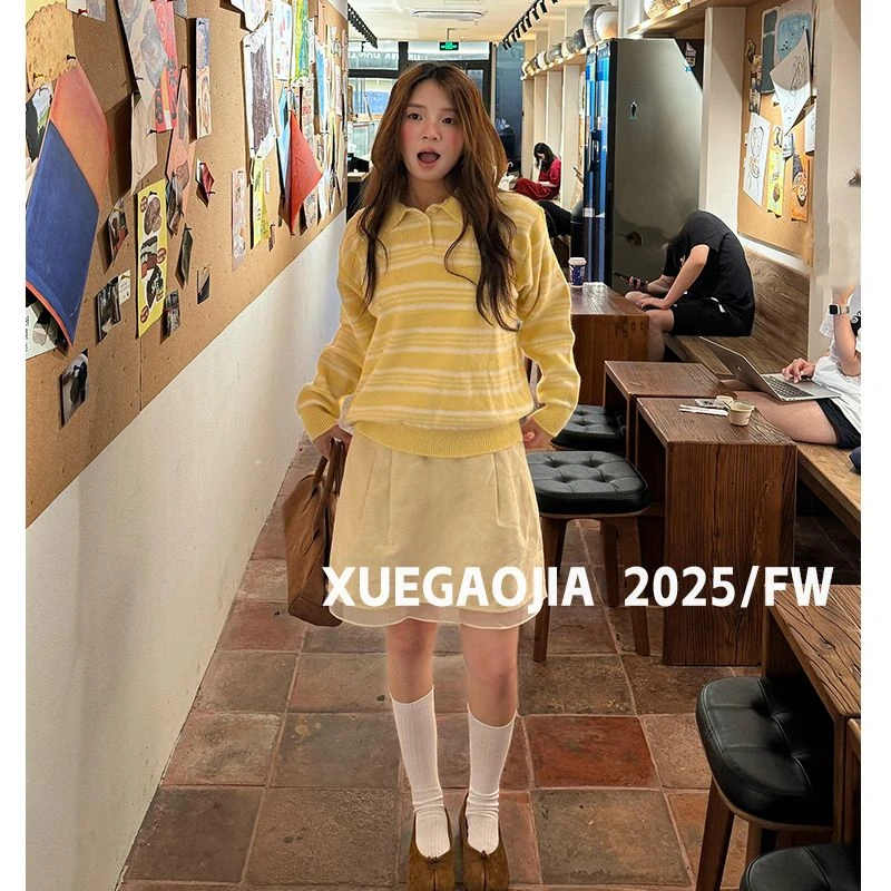 DAHUAN大荒家 黄色条纹polo领休闲套头毛衣女秋冬慵懒高级感