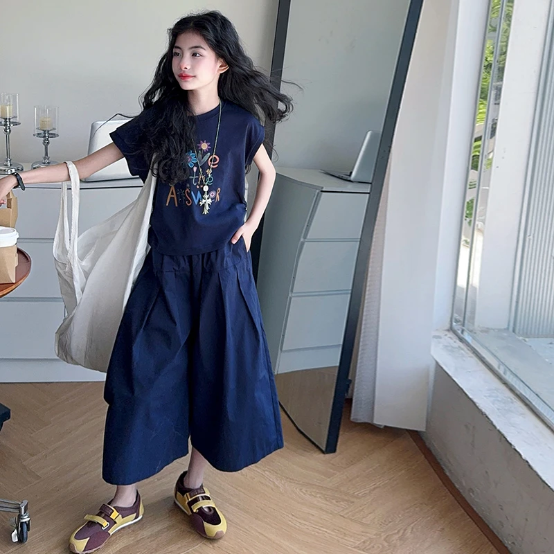 女童夏装短袖裙裤套装2025新款女大童夏装韩版休闲T恤长裤两件套