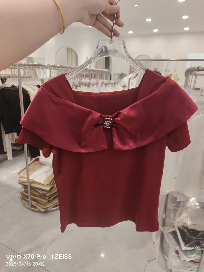 方领短袖T恤修身显瘦蝴蝶结镶钻洋气百搭上衣