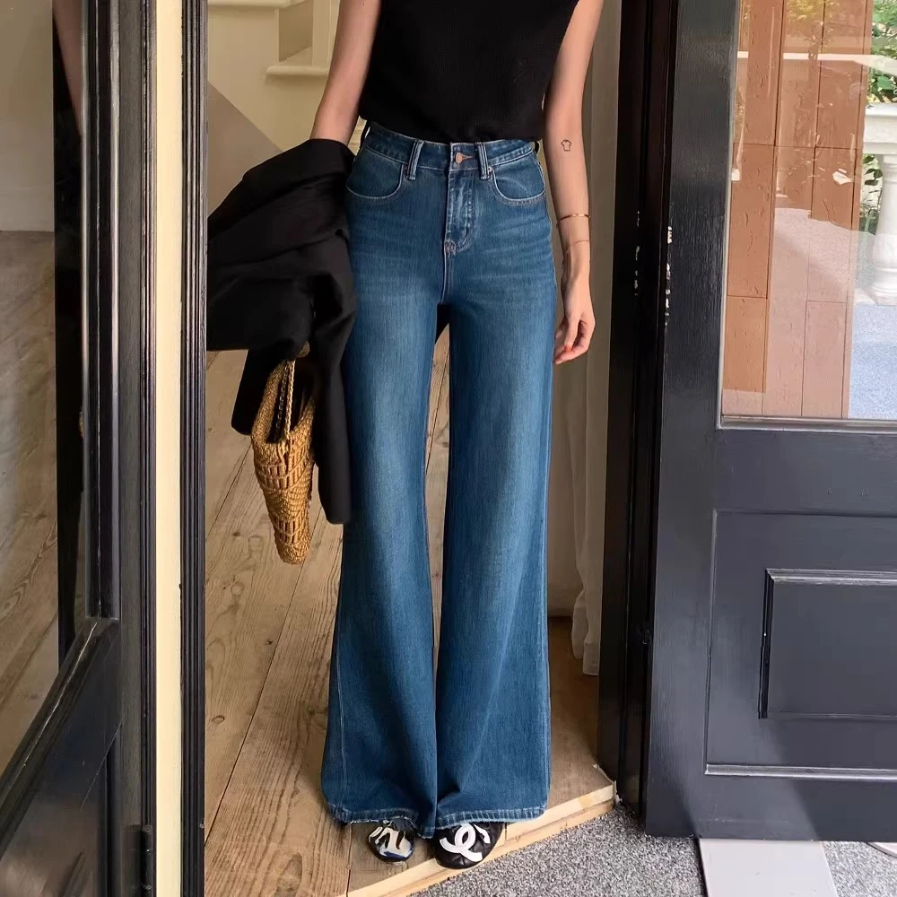 【过款4】加绒四面弹不贴腿喇叭牛仔裤女冬直筒裤高腰深蓝色微喇