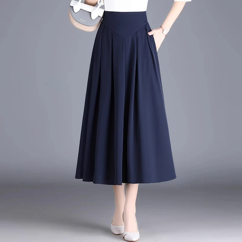 拉夏贝尔藏蓝色A字雪纺半身长裙女2025夏季松紧高腰垂坠感A字裙