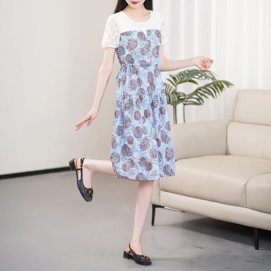 【夏季新款】洋气减龄蕾丝拼接抽绳显瘦碎花连衣裙CS6160 裙长103