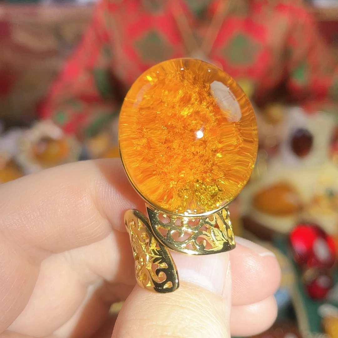 琥珀戒指银S925镀金镶嵌