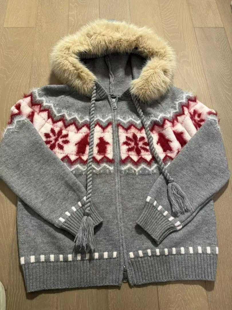 （这是雯雯）田曦薇同款雪花费尔岛连帽慵懒风毛领针织毛衣开衫外套