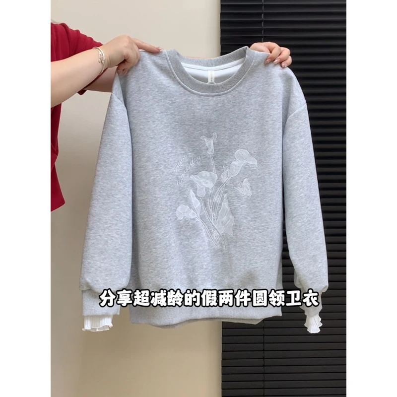 大码胖mm200斤独特欧货韩系圆领刺绣宽松卫衣女秋冬季百搭ins上衣