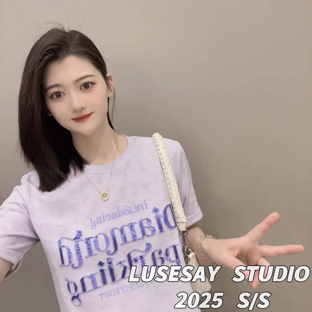 LUSESAY 设计感亮片扎染 2025新款 短袖百搭休闲时尚T恤女上衣