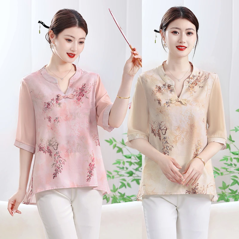 2025新款妈妈新中式夏季洋气国风T恤小衫新款中老年女士中袖大码