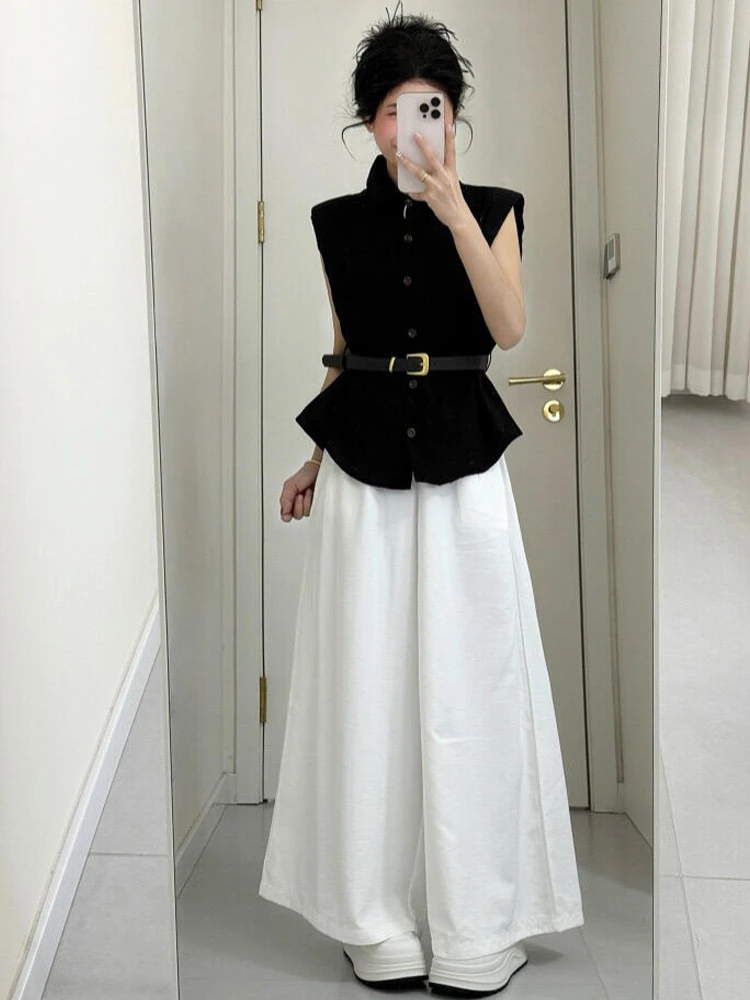 2025夏季新款韩系通勤小个子穿搭收腰无袖衬衣高腰显瘦阔腿裤套装