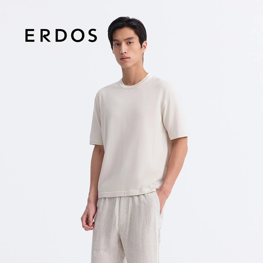 【80S精纺】ERDOS 男装丝毛混纺T恤圆领宽松纯色短袖25春夏新品