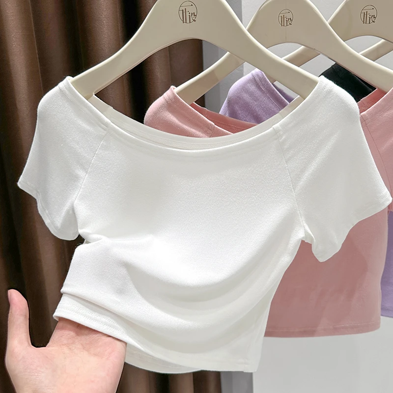 白色一字领露锁骨纯欲短袖T恤夏季针织高腰辣妹上衣薄款修身内搭