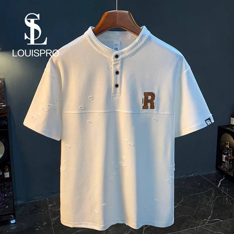 Louispro速干破洞短袖POLO衫男士2025年夏季薄款宽松半开衫T恤男