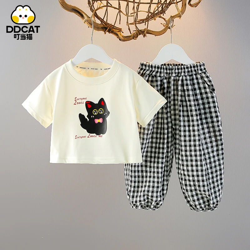 叮当猫女童套装夏季新款儿童短袖休闲洋气中小童女宝宝两件套夏装