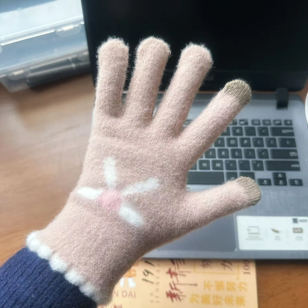 【Muusu】可触屏针织手套女秋冬季毛线保暖加厚新款蝴蝶结手套