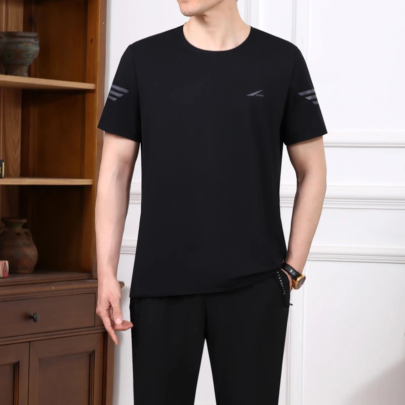 中老年运动套装男夏季新款爸爸冰丝短袖长裤休闲服宽松跑步两件套