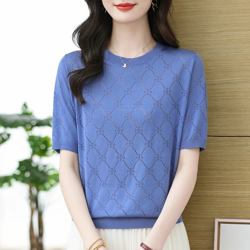 夏季新款冰丝短袖t恤女宽松显瘦洋气减龄针织上衣XMY-7102