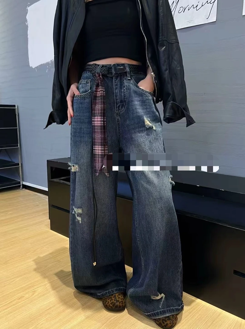 秋季百搭潮流水洗破洞牛仔裤
