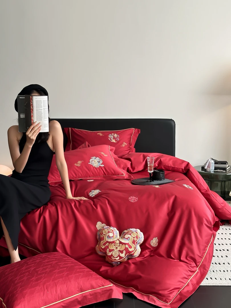 【杨杨王炸款】禧欢长绒棉140s全棉高定款红色婚庆刺绣四件套