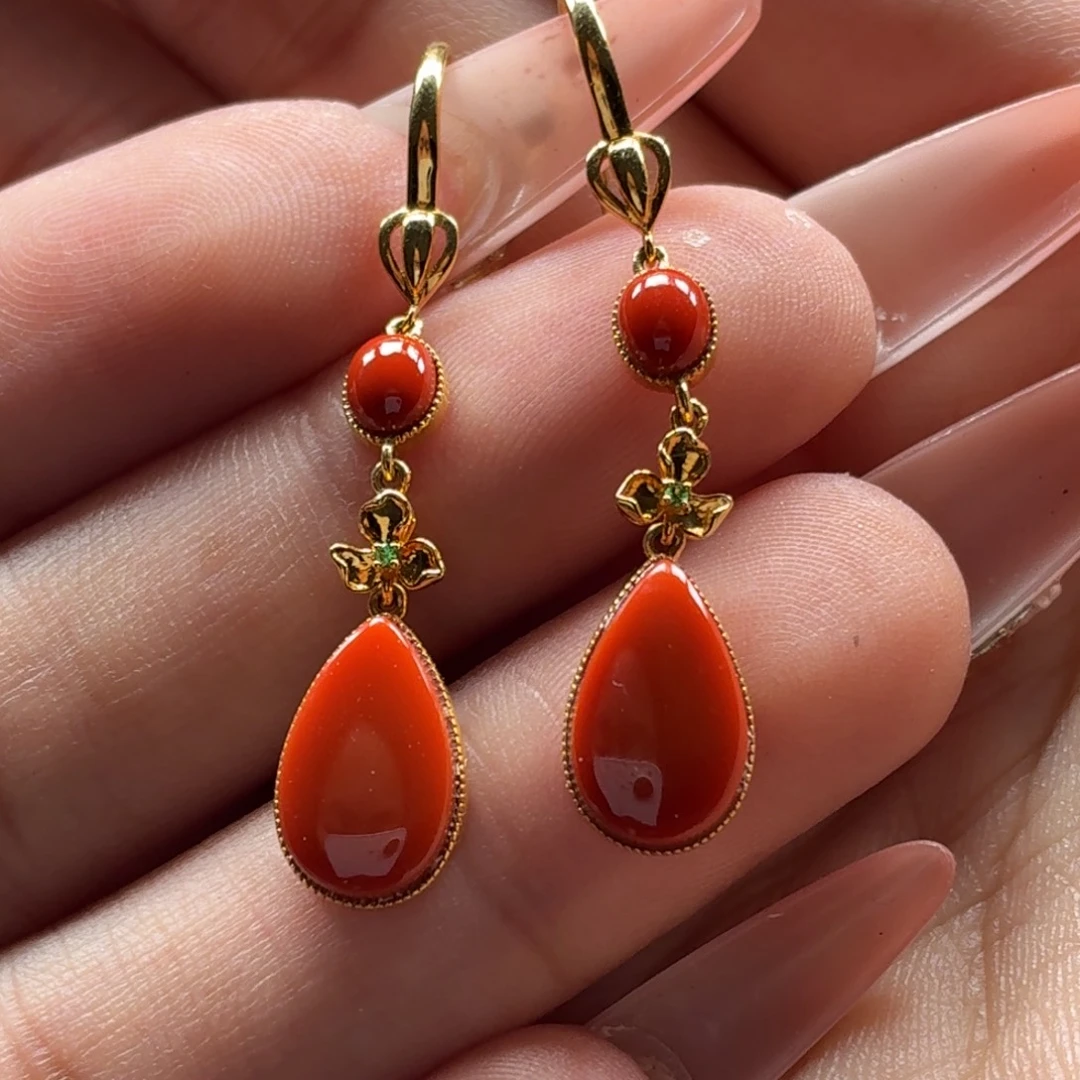 南红玛瑙18K金镶嵌耳坠原矿保山南红官坡锦红耳坠