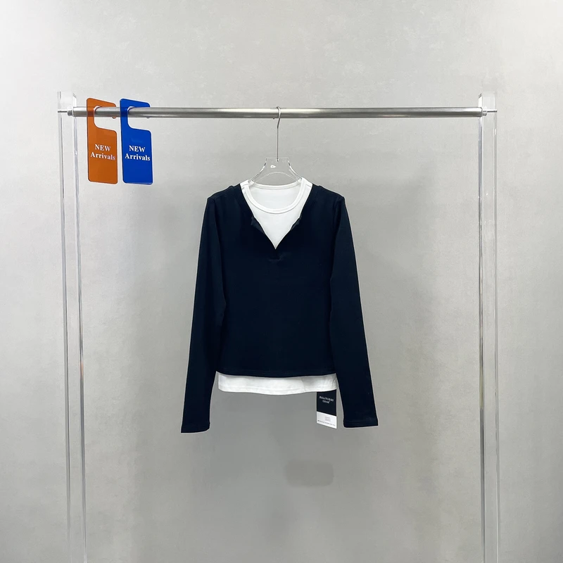 欧货黑色假两件V领内搭打底衫女春季新款修身百搭短款上衣T恤7127