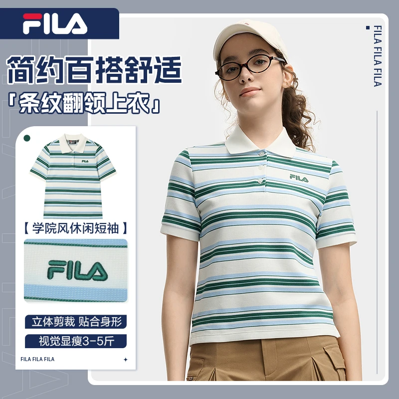 FILA/斐乐polo女季新款条纹简约百搭舒适学院风休闲短袖翻领上衣