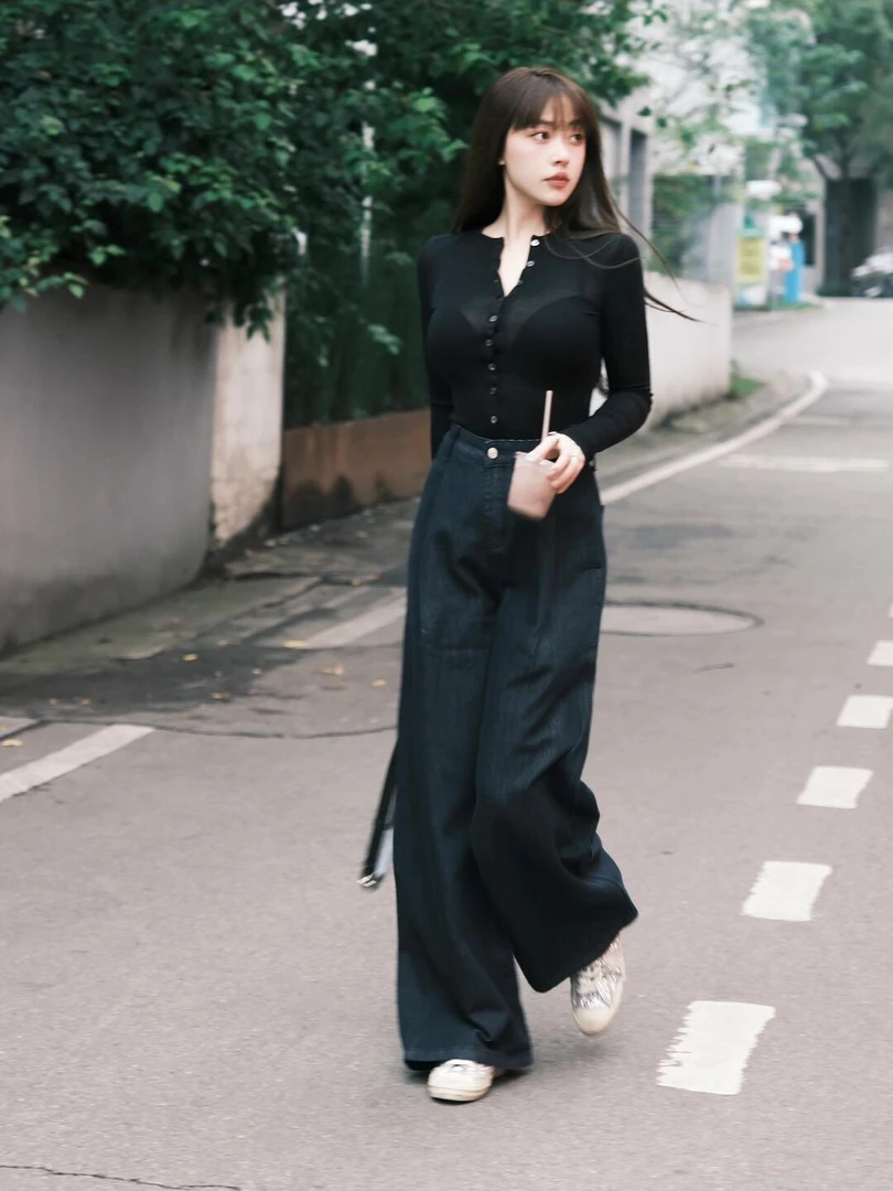 【自我主场】夏季时尚黑色修身气质开衫上衣高腰黑色直筒牛仔裤套装