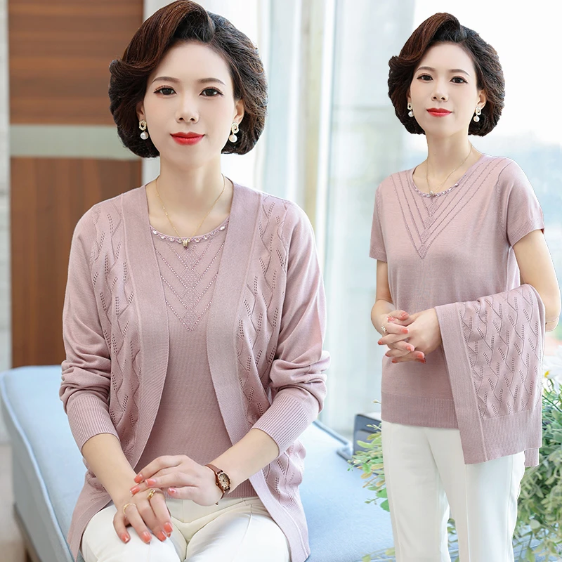 小个子瘦妈妈春秋夏装针织开衫衣服中老年女装薄短款外套短袖套装
