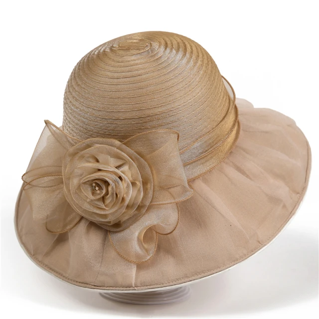 2025新款时尚遮阳帽女沙滩渔夫帽欧根纱花朵妈妈太阳帽防晒盆帽子