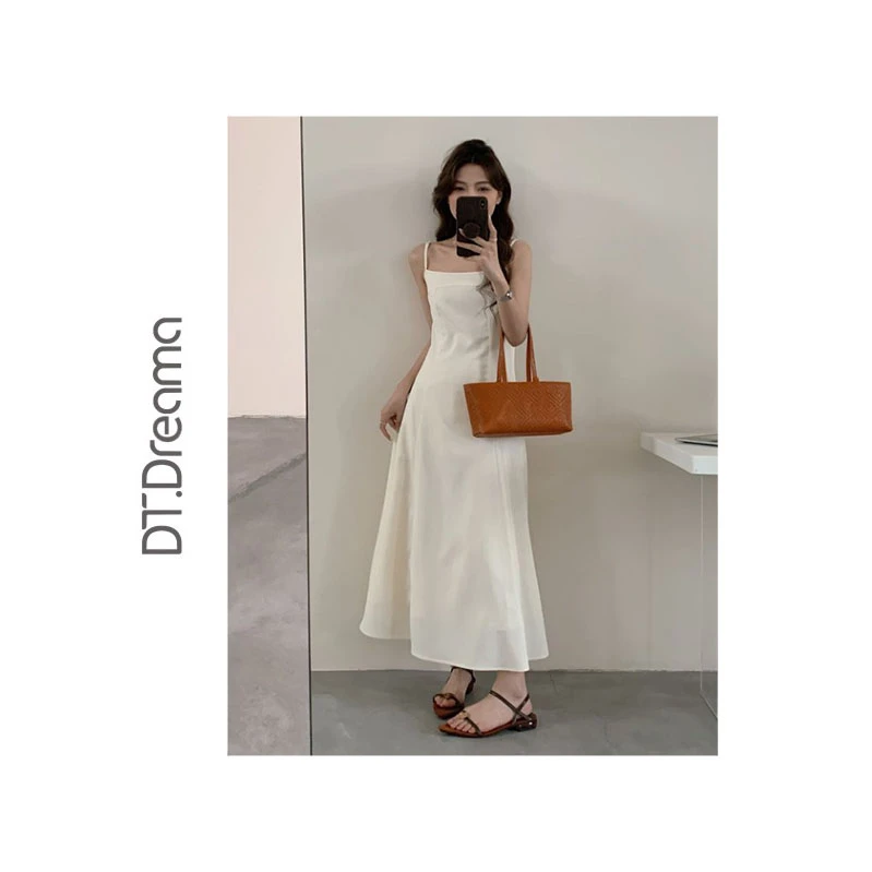 夏季法式优雅气质纯色显瘦过膝长款吊带连衣裙女小众简约复古无袖