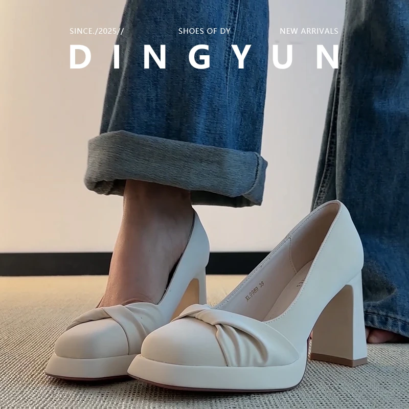 羊皮版dingyun丁允法式粗跟高跟鞋女防水台蝴蝶结巨好看百搭单鞋