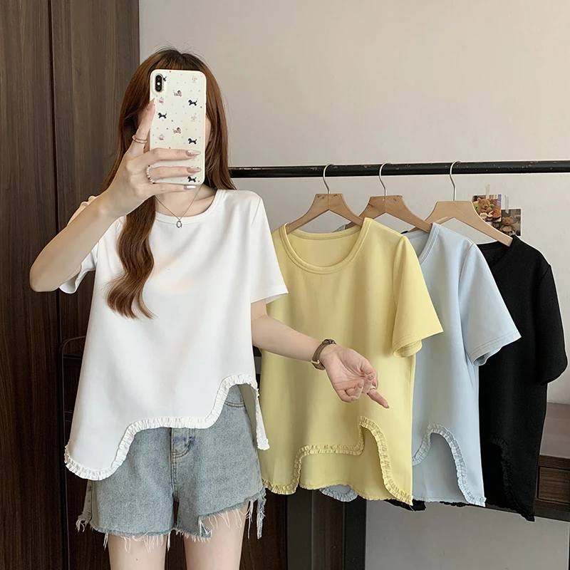 2025夏装新款胖mm大码女设计感不规则木耳花边短袖T恤35090