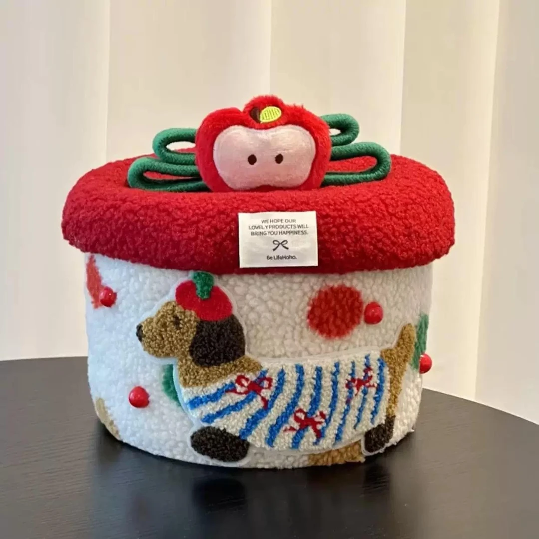 腊肠狗收纳筐家用桌面带盖零食收纳盒毛绒新年礼物可爱杂物储纳盒