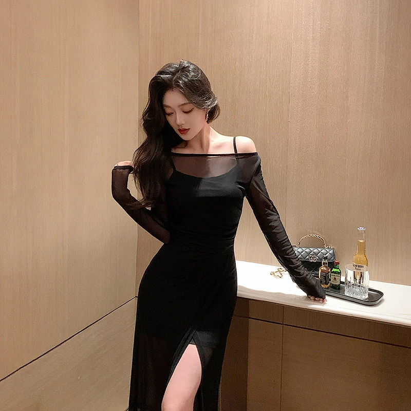 林关关黑色网纱吊带连衣裙法式性感纯欲包臀裙御姐风长裙约会黑裙