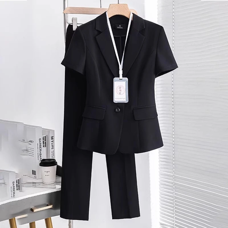 薄款大码胖mm黑色短袖小西装外套女正装职业套装酒店工作服工装夏