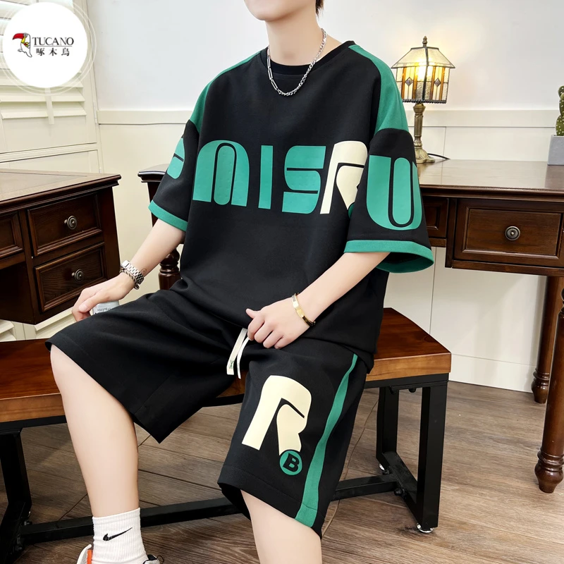 啄木鸟休闲运动套装男宽松青少年学生短袖高级感短裤一套衣服帅