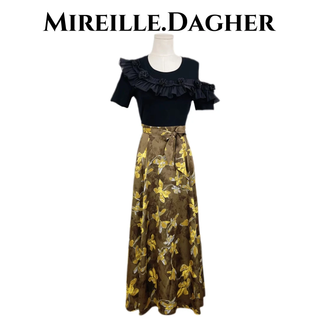 米莱Jiaer/时尚轻奢设计款花朵露肩不规则假两件拼接连衣裙X29018