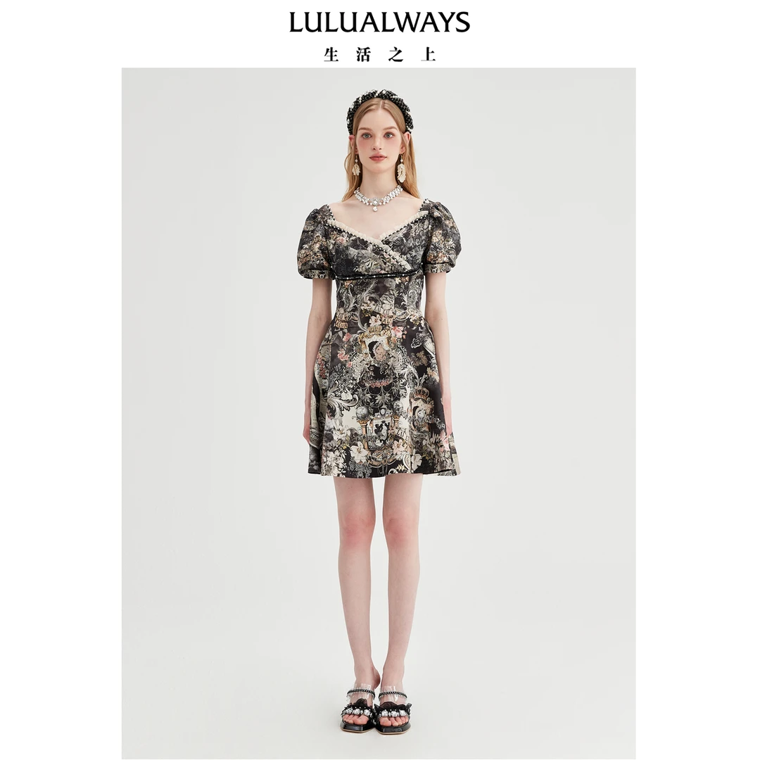 LULUALWAYS我爱露露25夏季新款法式复古提花珍珠木耳边气质连衣裙