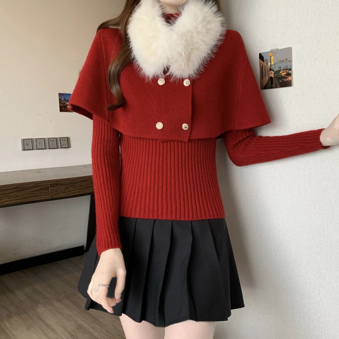 小香风红色毛领针织衫套装女2025巨好看韩系一整套搭配秋冬装穿搭