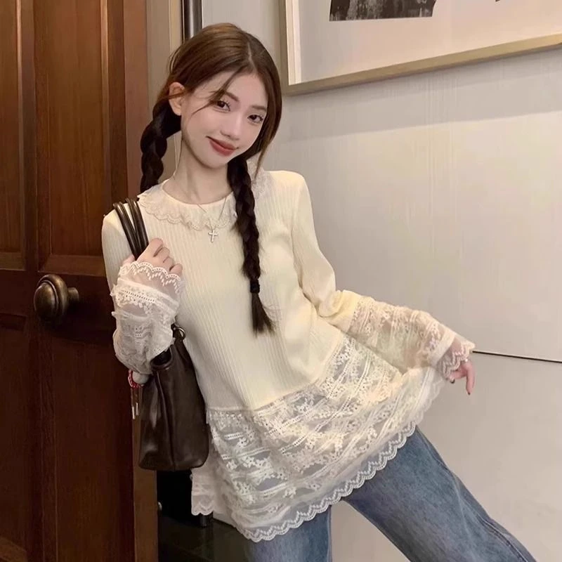 甜美少女蕾丝打底衫长袖拼接下摆小众设计感内搭外穿