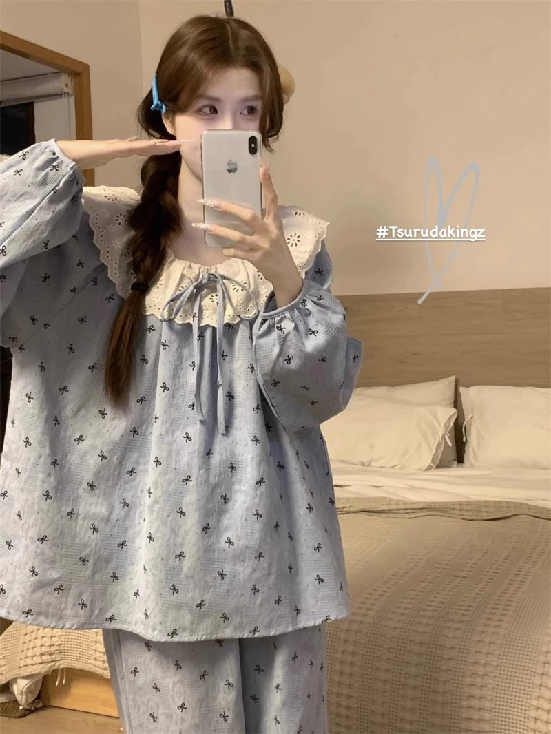蓝色蕾丝蝴蝶结圆领长袖睡衣春秋季甜美ins风宽松家居服套装
