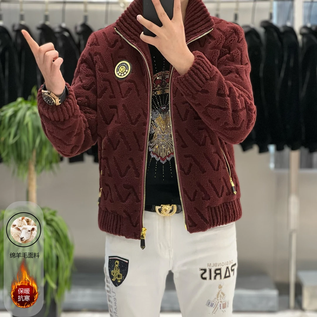 【男狼甄选】男士绵羊毛雕花百搭修身时尚潮流冬季新品立领 夹克