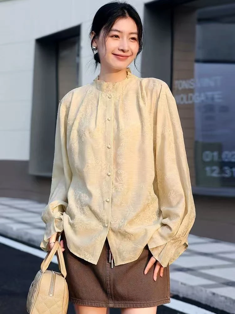 YG M胸130长72立领醋酸衬衫女长袖轻奢洋气上衣外穿 7877